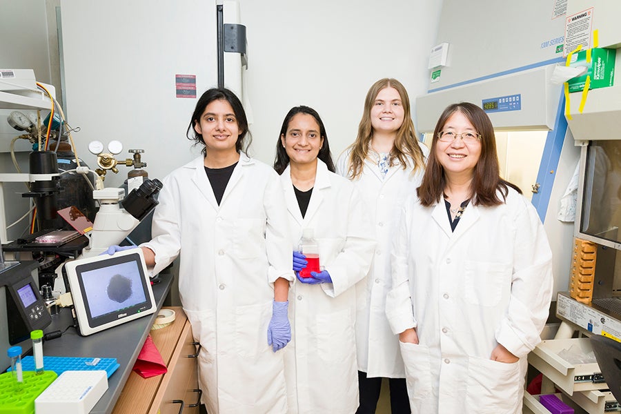 FAMU-FSU College of Engineering doctoral students Falak Syed, Sailesti Joshi and Jennifer Berg Sen and Professor Yan Li