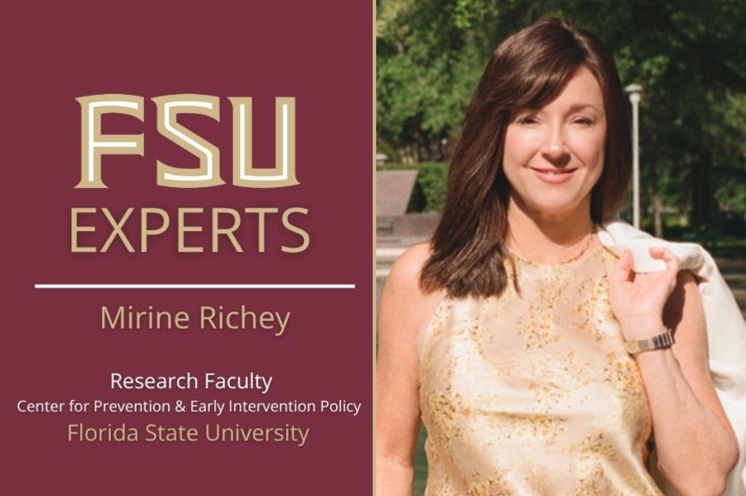 FSU Experts graphic for Mirine Richey, Research Faculty at the Center for Prevention & Early Intervention Policy. The left side features her name and title in gold text on FSU garnet. On the right, Richey smiles outdoors in a gold top with a jacket over her shoulder.