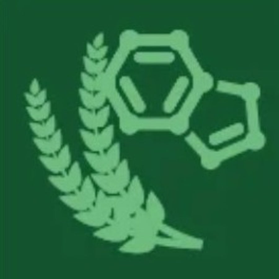 A light green graphic icon set against a dark green square background, featuring two stalks of wheat curving upward on the left and a stylized molecular chemical structure on the top right.